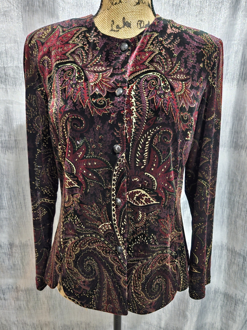 Coldwater Creek Burgundy Paisley Velvet Button Jacket